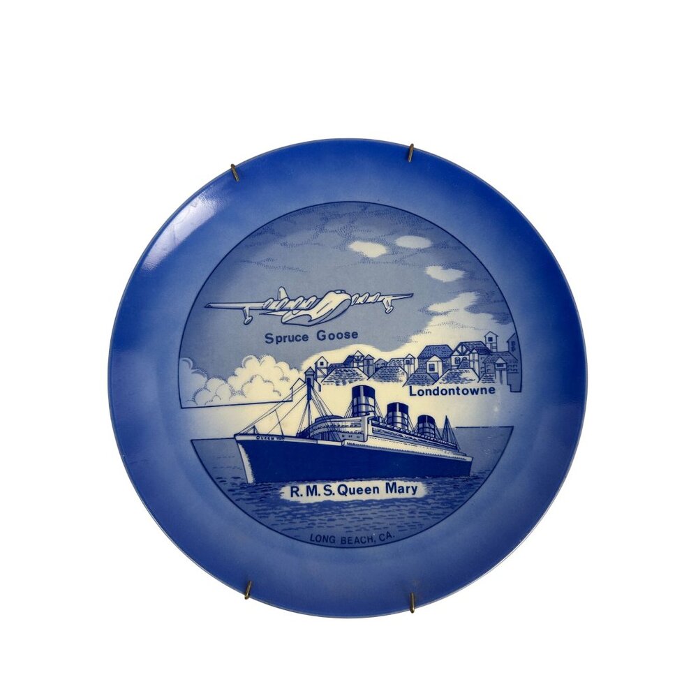 RMS Queen Mary & Spruce Goose Collectible Plate Long Beach CA Blue White Ceramic